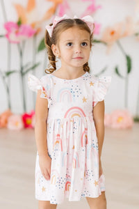 Toddler girls rainbow flutter sleeve dress for girls in soft pastel colors with twirl skirt by Mila & Rose