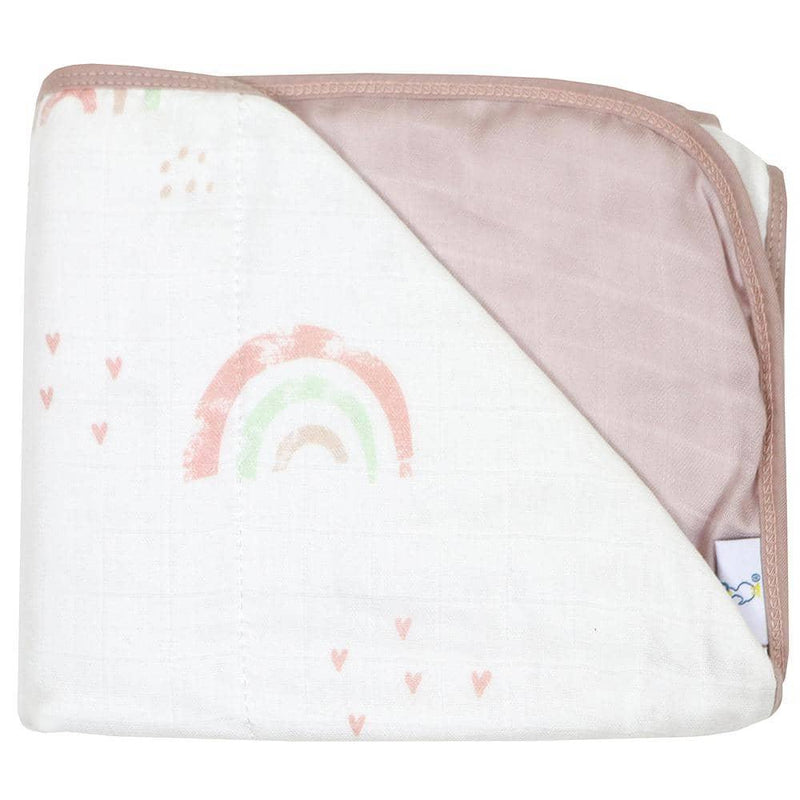 Newborn baby bamboo muslin quilted blanket in white with pastel rainbow and hearts, soft pink backing