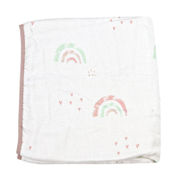 White newborn bamboo muslin quilted blanket with pastel rainbow and heart patterns