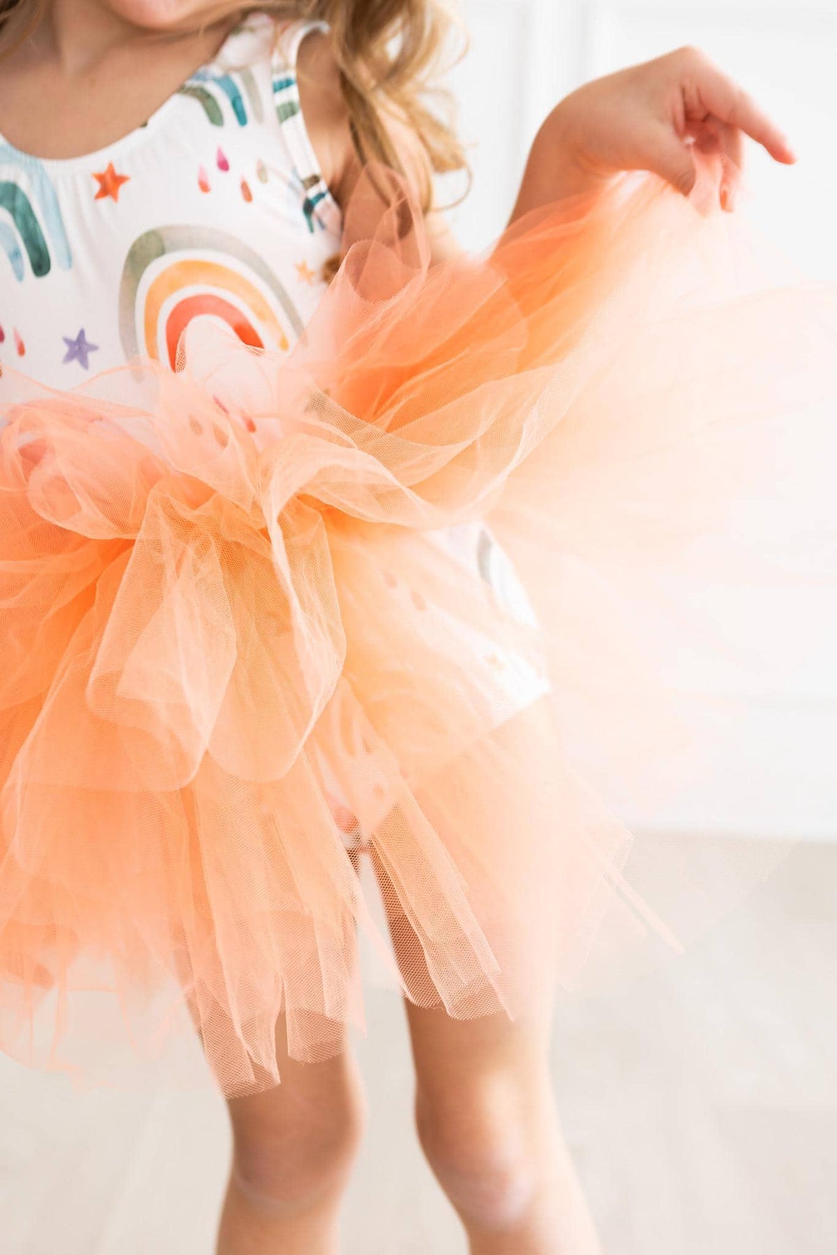 Girls orange tutu leotard tank with rainbow print top and fluffy tulle skirt rainbow tutu leotard for girls