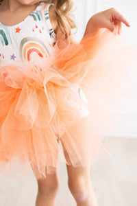 Girls orange tutu leotard tank with rainbow print top and fluffy tulle skirt rainbow tutu leotard for girls