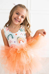 Girls rainbow tutu leotard for girls tank with colorful rainbow print and orange tulle skirt for kids