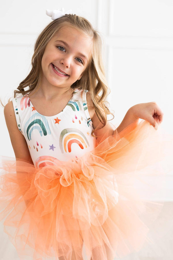 Girls rainbow tutu leotard for girls tank with colorful rainbow print and orange tulle skirt for kids
