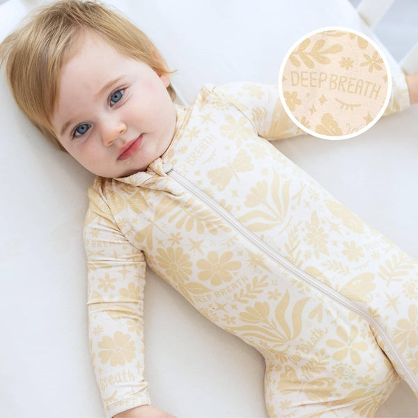 Raising Mama Beige Baby Footie Onesie with Floral Print - The Palm Beach Baby