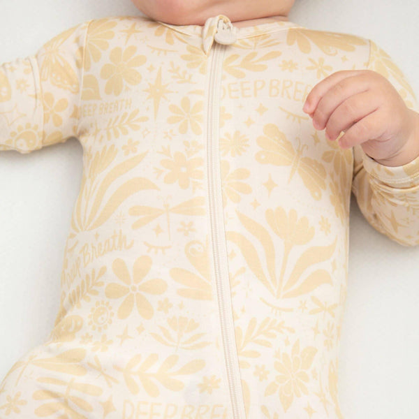 Raising Mama Beige Baby Footie Onesie with Floral Print - The Palm Beach Baby