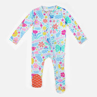 Raising Mama Light Blue Baby Footie Pajamas with Floral Print - The Palm Beach Baby