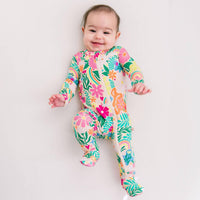 Raising Mama Rainbow Daisy Baby Footie - Colorful Floral Baby Romper - The Palm Beach Baby