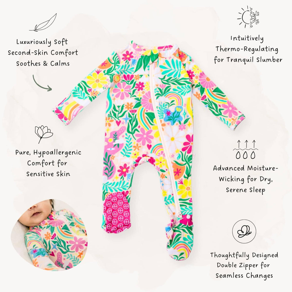 Raising Mama Rainbow Daisy Baby Footie - Colorful Floral Baby Romper - The Palm Beach Baby