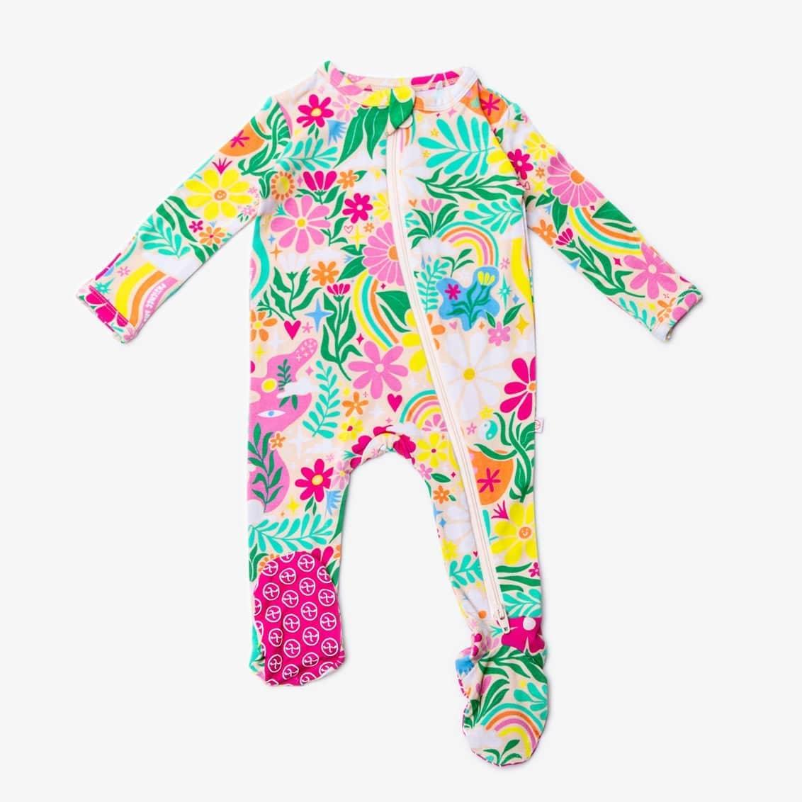 Raising Mama Rainbow Daisy Baby Footie - Colorful Floral Baby Romper - The Palm Beach Baby
