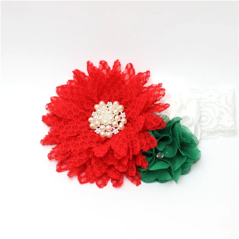 babies red and green flower hair accessories with pearl and rhinestone details