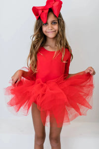 Girls red holiday tutu leotard for girls with 3/4 sleeves and full tulle skirt, ages 4 to 8