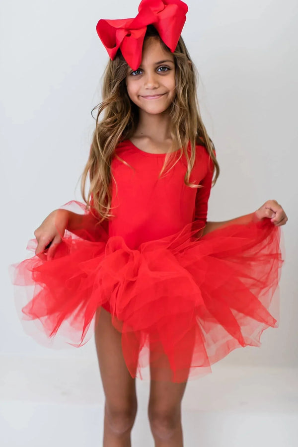 Girls red holiday tutu leotard for girls with 3/4 sleeves and full tulle skirt, ages 4 to 8