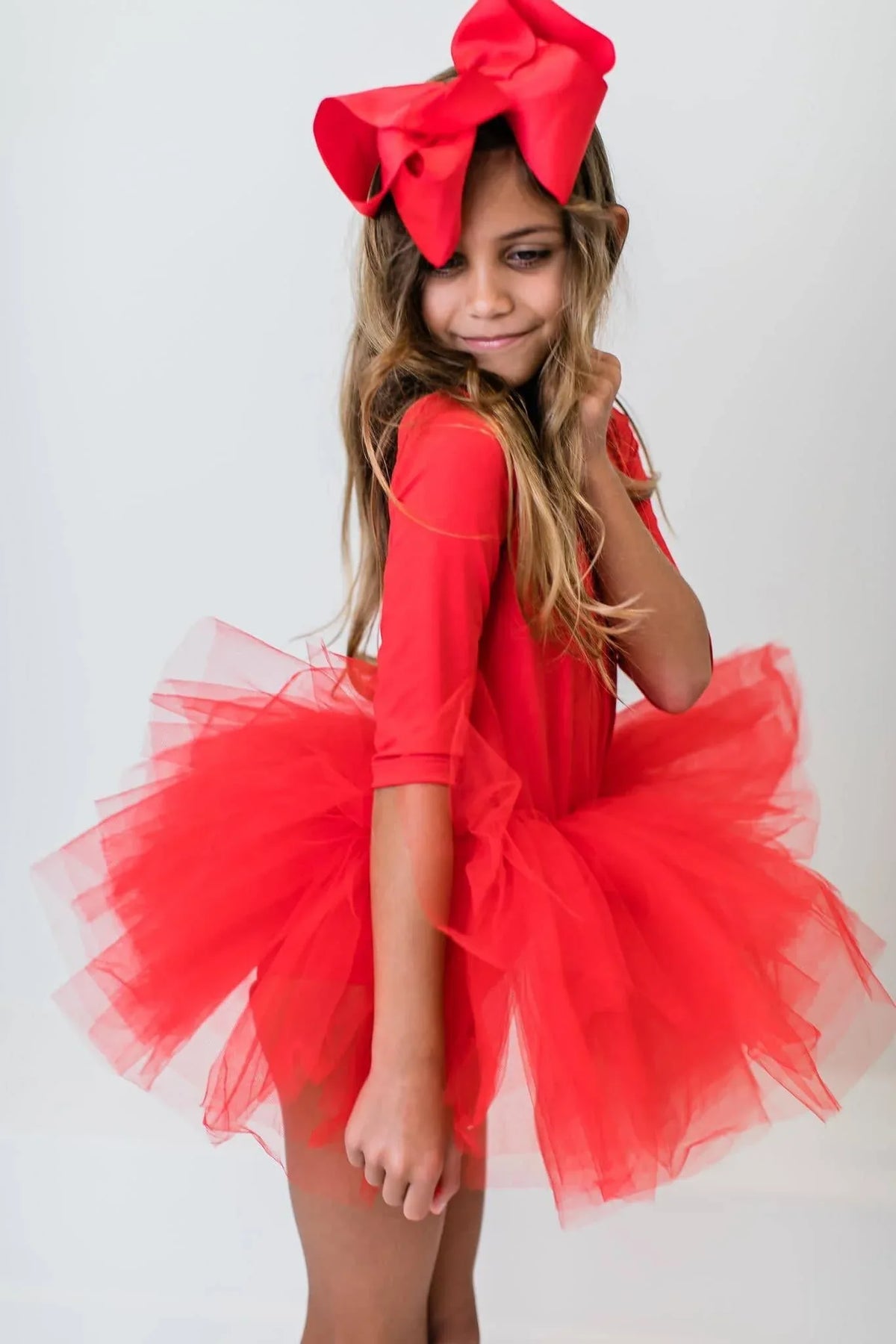 Girls red holiday tutu leotard for girls with 3 quarter sleeves and full tulle skirt