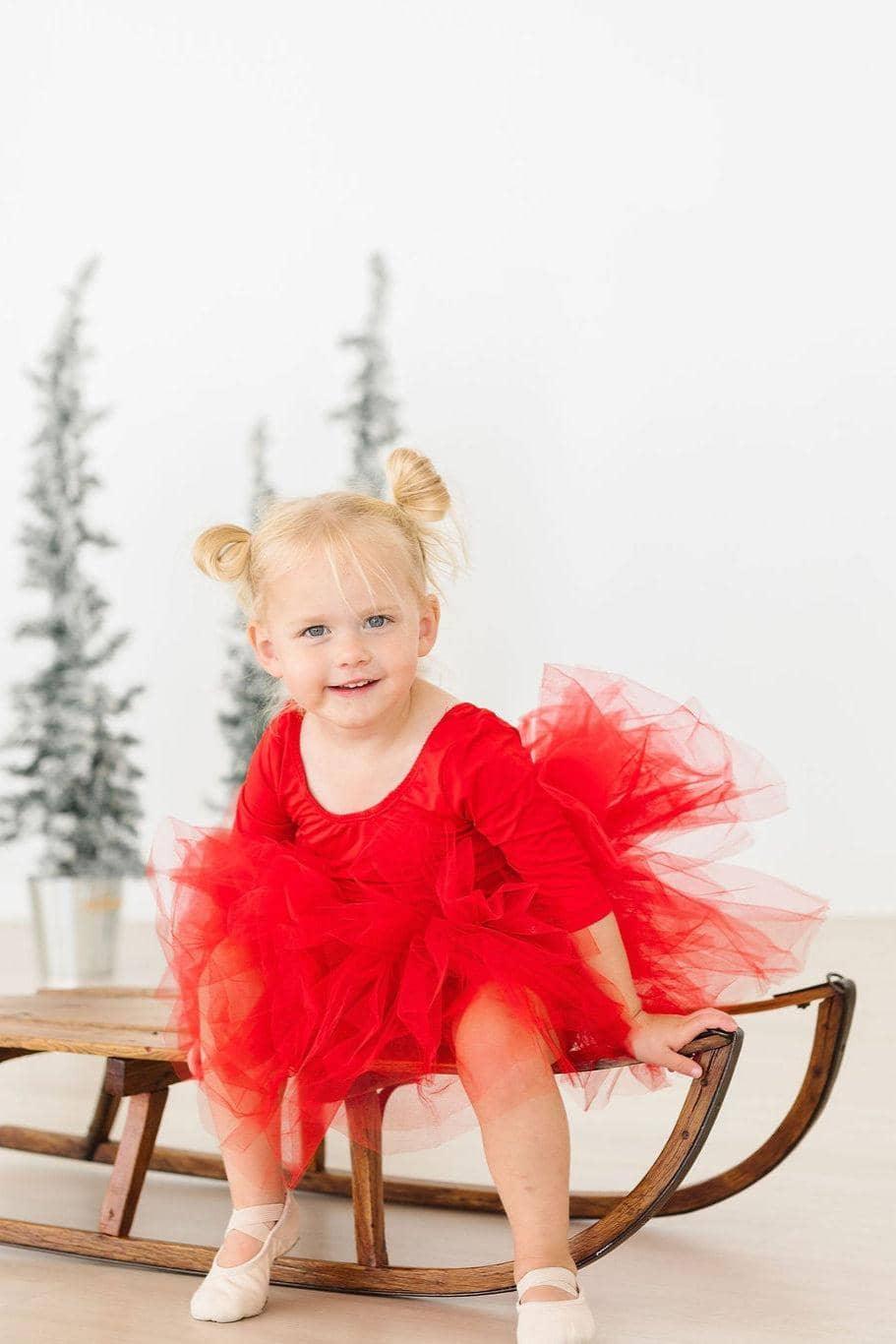 Toddler girls red holiday tutu leotard for girls with 3/4 sleeves and layered tulle skirt