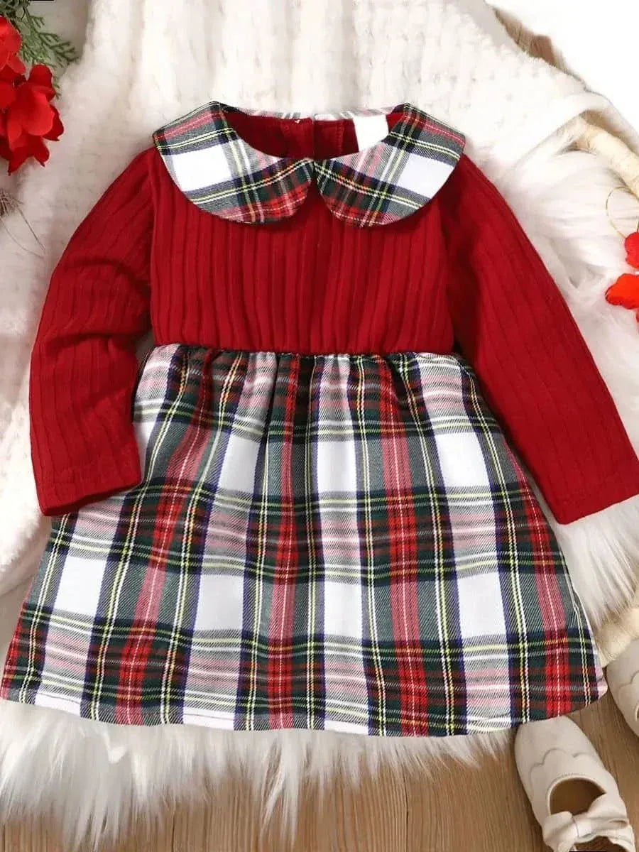 baby dress with red knit top and red plaid girls dress skirt with plaid collar for toddlers