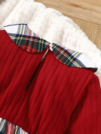 close-up of red plaid girls dress with ribbed knit bodice and plaid collar for toddlers