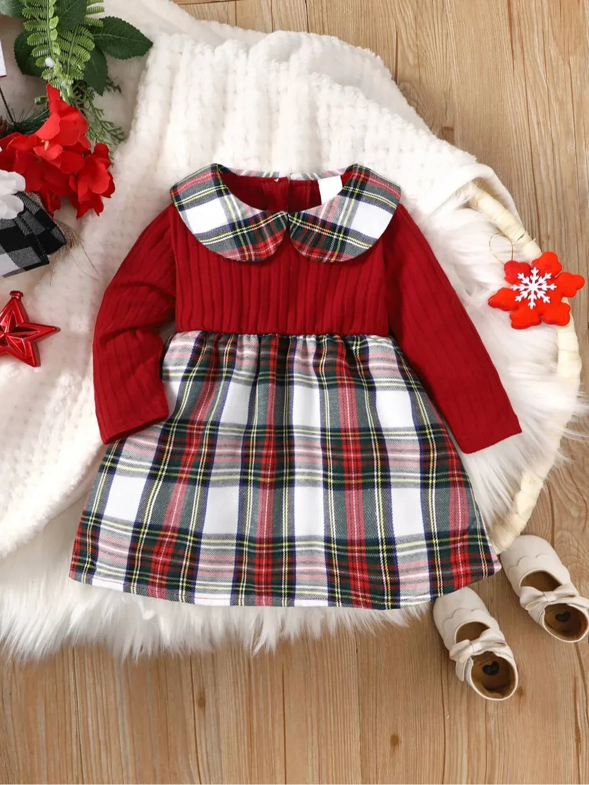 baby girl red plaid girls dress with long sleeves and Peter Pan collar laid flat with white shoes