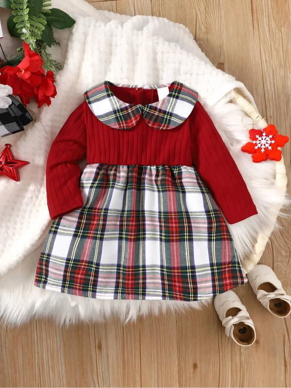 baby girl red plaid girls dress with long sleeves and Peter Pan collar laid flat with white shoes