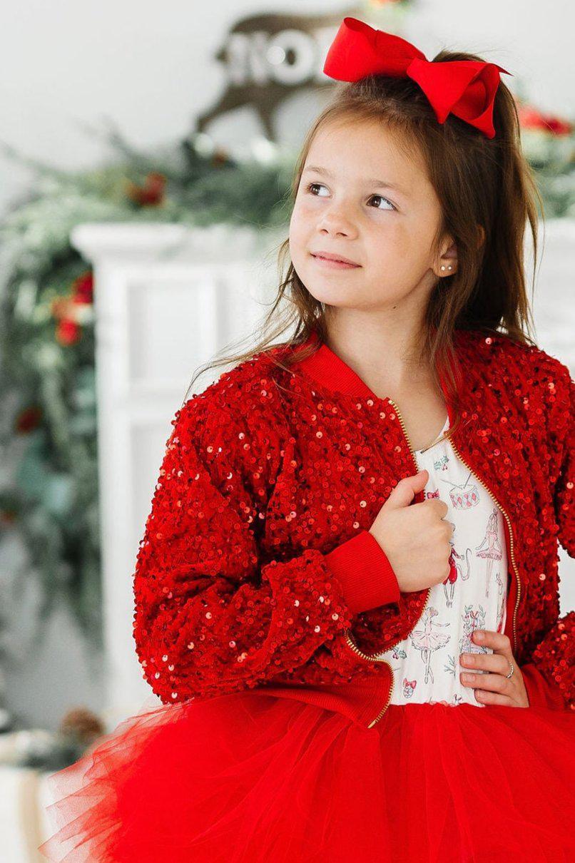 Red sequin jacket for girls, long sleeve, toddler size with matching red bow and tutu skirt
