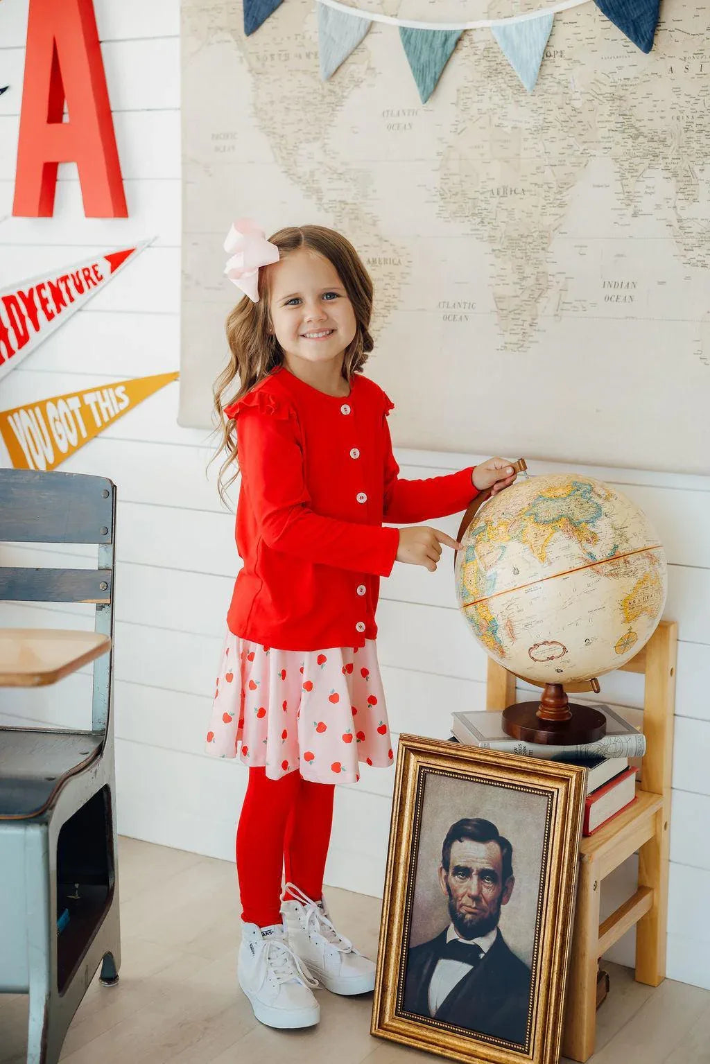 Girls red skeggings by Mila & Rose, worn with red cardigan and skirt with heart print, age toddler to young child