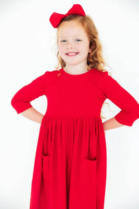 Red twirl dress for girls by Mila Rose, sleeves with pockets for kids