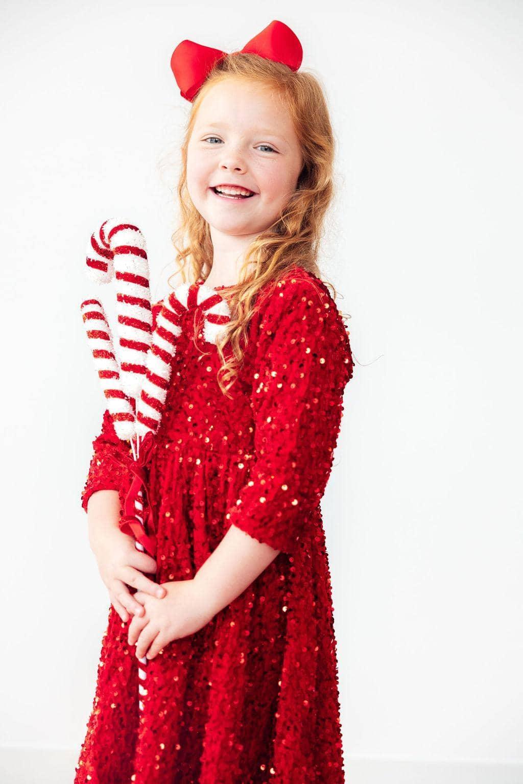 Girls red velvet sequin party dress for girls with long sleeves and festive sparkle