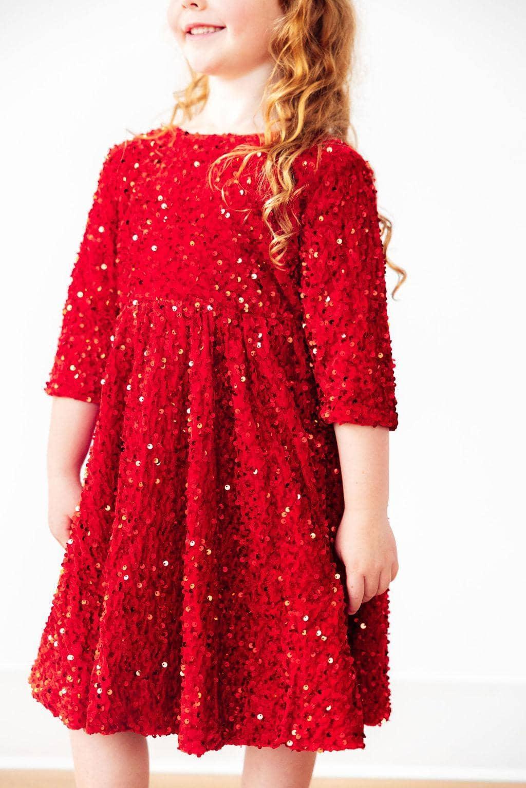 Girls red velvet sequin party dress for girls with three-quarter sleeves and flared skirt