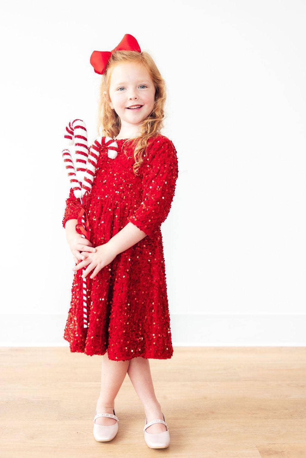 Red velvet sequin party dress for girls with three-quarter sleeves and full skirt