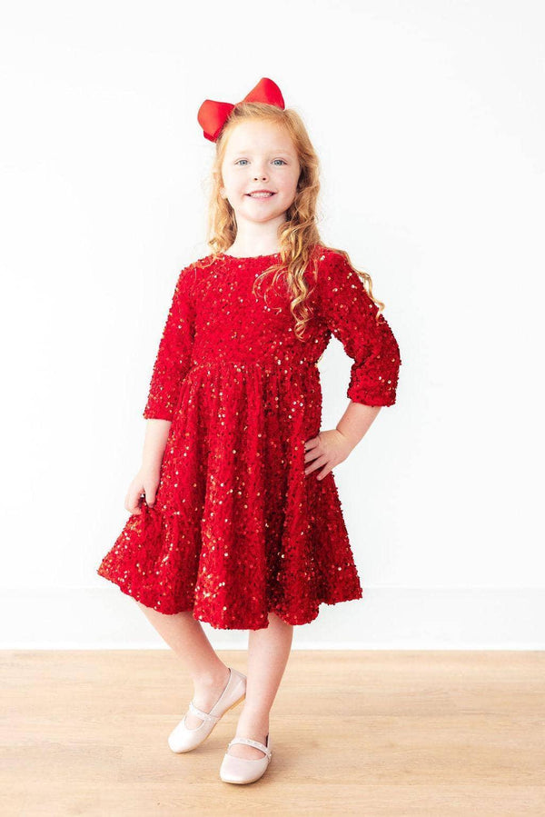 Girls red velvet sequin party dress for girls with long sleeves and flared skirt size 6