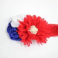 red lace flower hair accessories with pearl center, blue and white fabric flowers for babies and kids