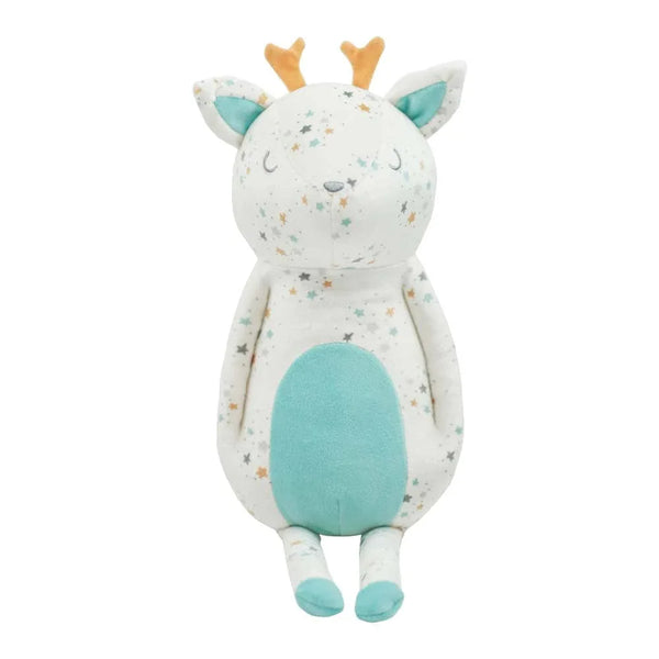 White and teal reindeer plush toy for infants with star prints sitting upright with closed eyes