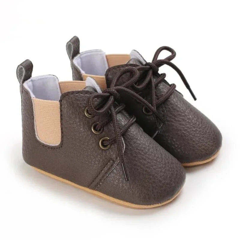 brown retro baby lace-up shoes for infants with soft sole and side elastic panels