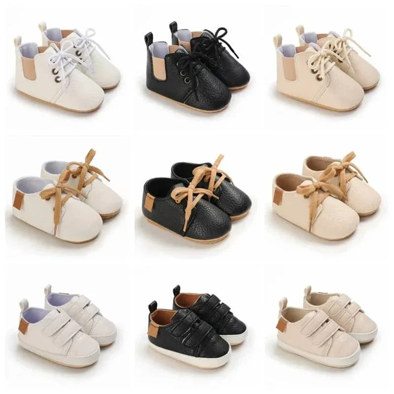 Nine pairs of retro baby lace-up shoes in white black and beige for infants and toddlers