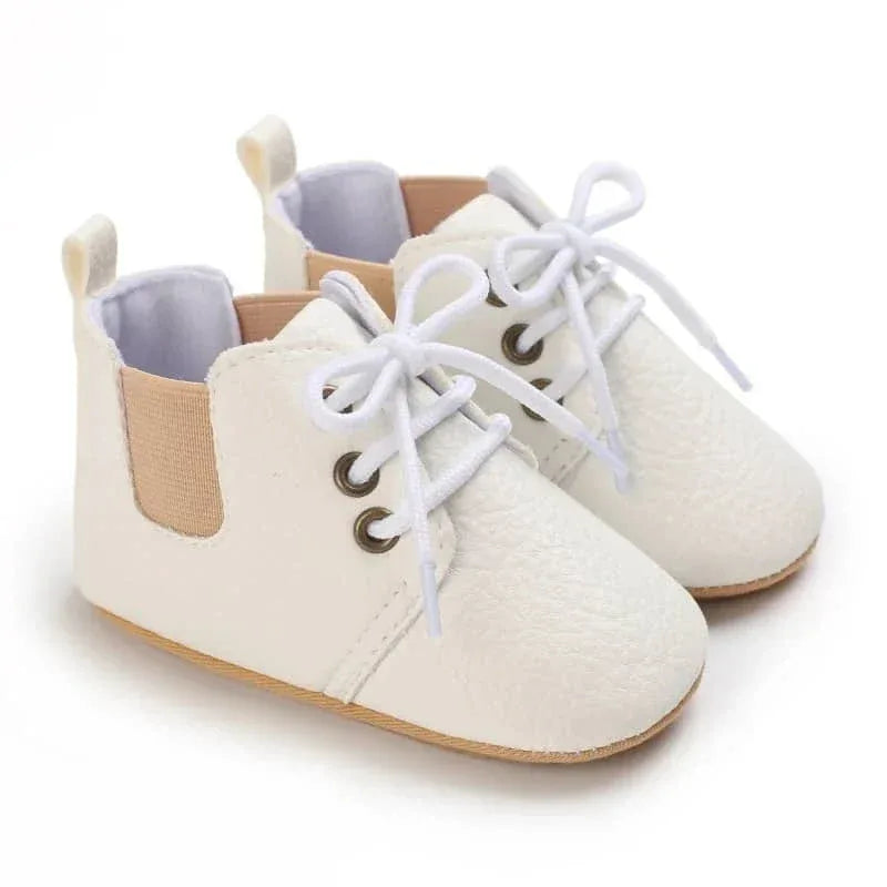 white retro baby lace-up shoes for infants with soft soles and beige elastic side panels