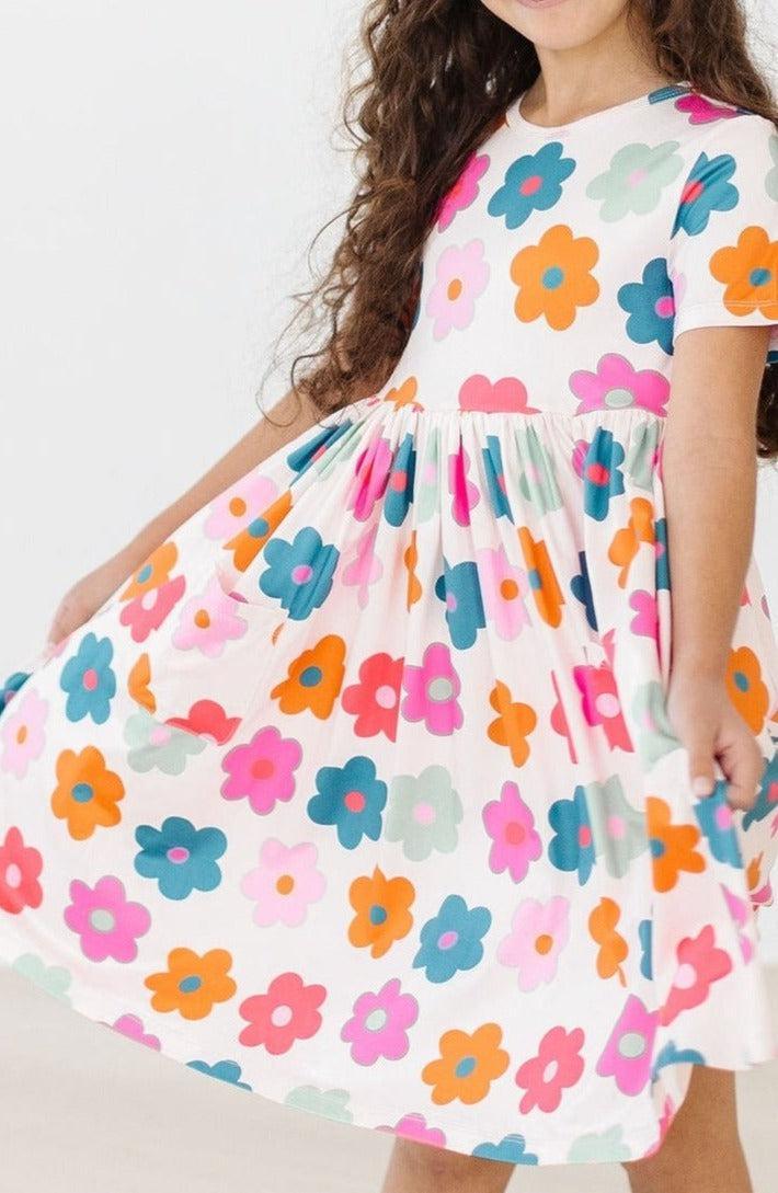 Girls short sleeve retro floral twirl dress for girls with colorful flower print and pockets