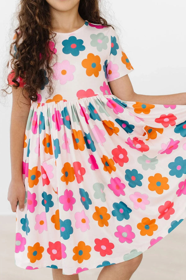Girls short sleeve retro floral twirl dress for girls in colorful flower print