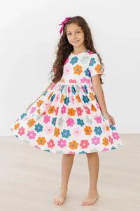 Girls retro floral twirl dress for girls short sleeve with colorful flower print and full skirt