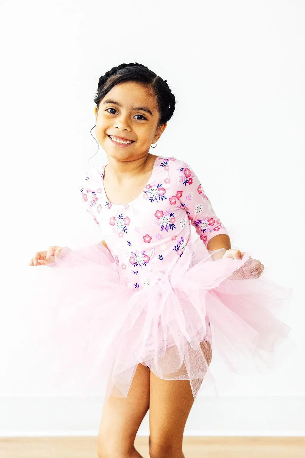Girls pink floral retro tutu leotard for little girls with 3/4 sleeves and fluffy tulle skirt