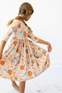 Girls retro unicorn girls dress Twirl Pocket Dress 3/4 sleeve floral pattern size 6-7
