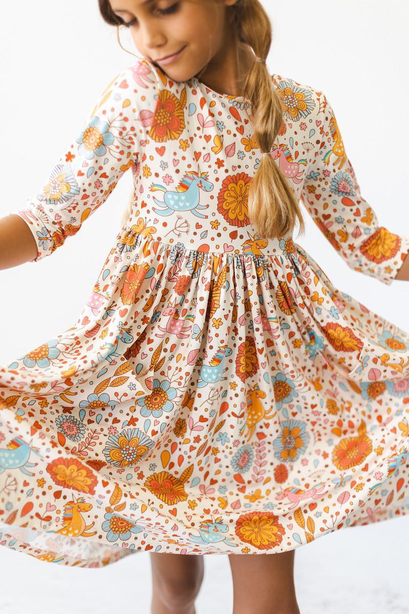 Girls retro unicorn girls dress twirl pocket dress 3/4 sleeve with colorful floral and unicorn print