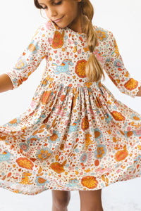 Girls retro unicorn girls dress twirl pocket dress 3/4 sleeve with colorful floral and unicorn print
