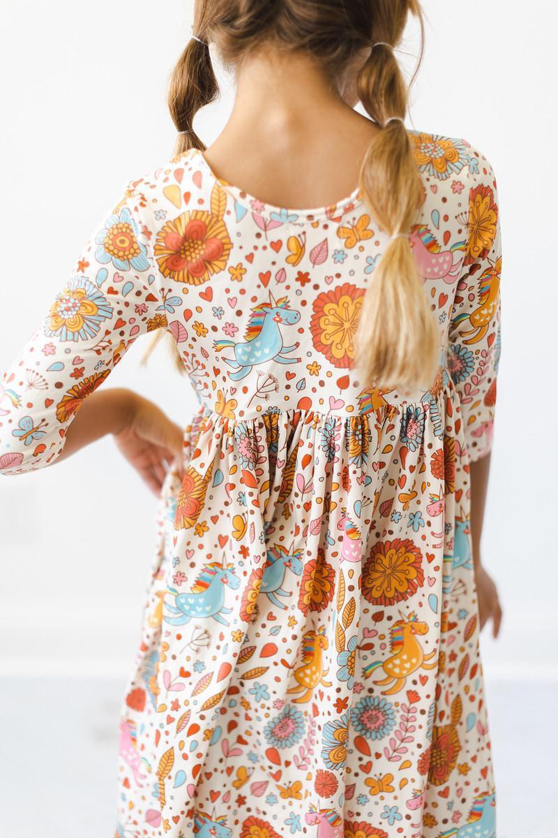 Girls 3/4 sleeve retro unicorn girls dress by Mila & Rose with colorful floral and unicorn print
