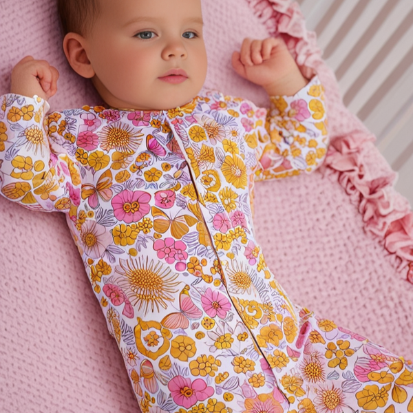 Baby wearing retro vintage floral print ruffle footie with 2-way zipper, lying on pink ruffled blanket.