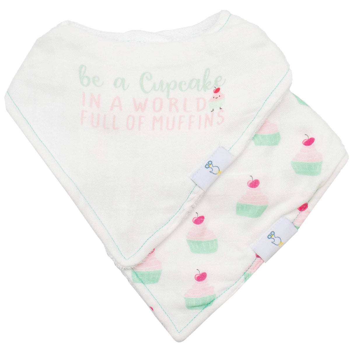 white reusable baby bib set for infants with pastel cupcake and cherry designs