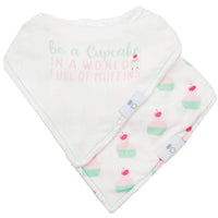 white reusable baby bib set for infants with pastel cupcake and cherry designs