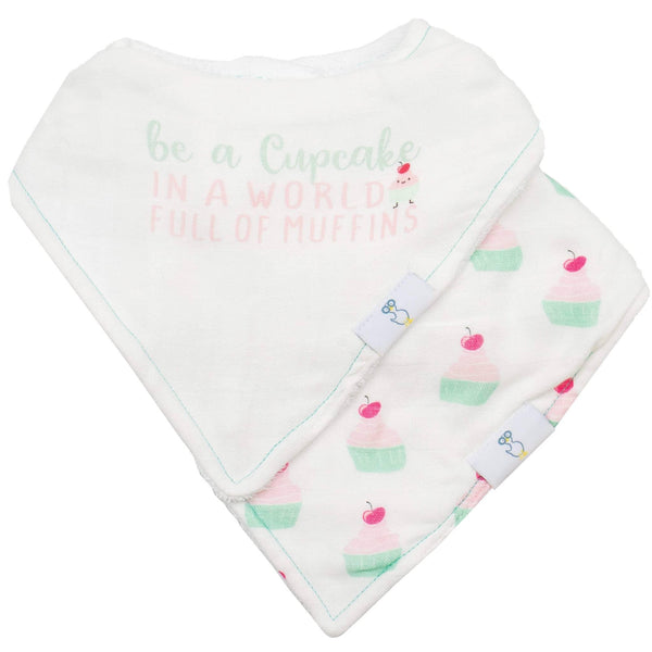white reusable baby bib set for infants with pastel cupcake and cherry designs