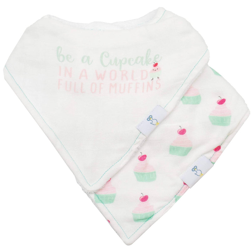 white reusable baby bib set for infants with pastel cupcake and cherry designs