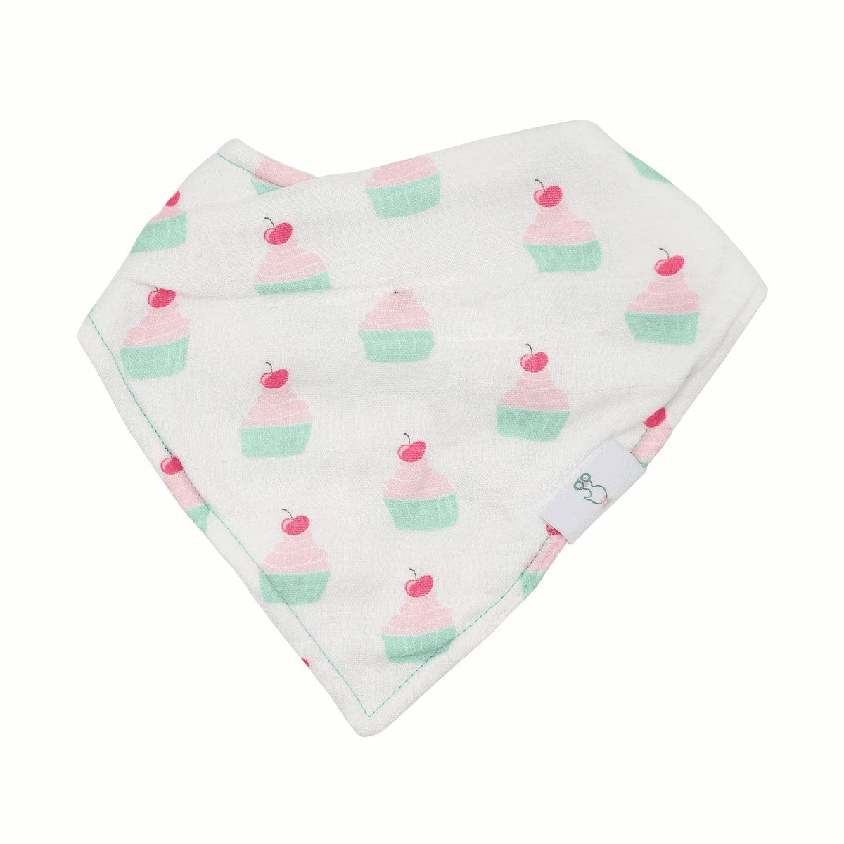 white reusable baby bib set with pink and green cupcake pattern for infants