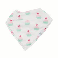 white reusable baby bib set with pink and green cupcake pattern for infants