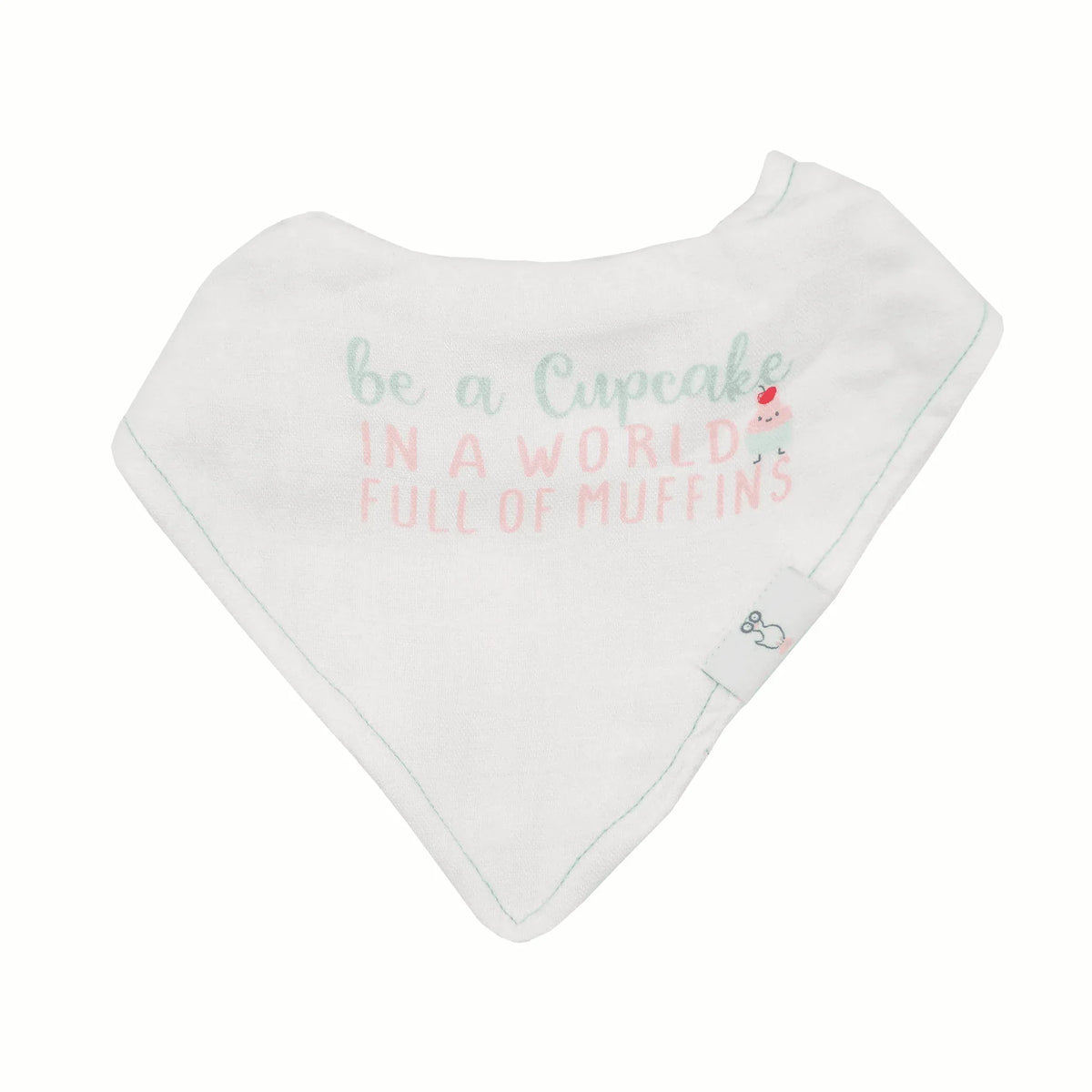 white reusable baby bib set with pastel text cupcake design for infants